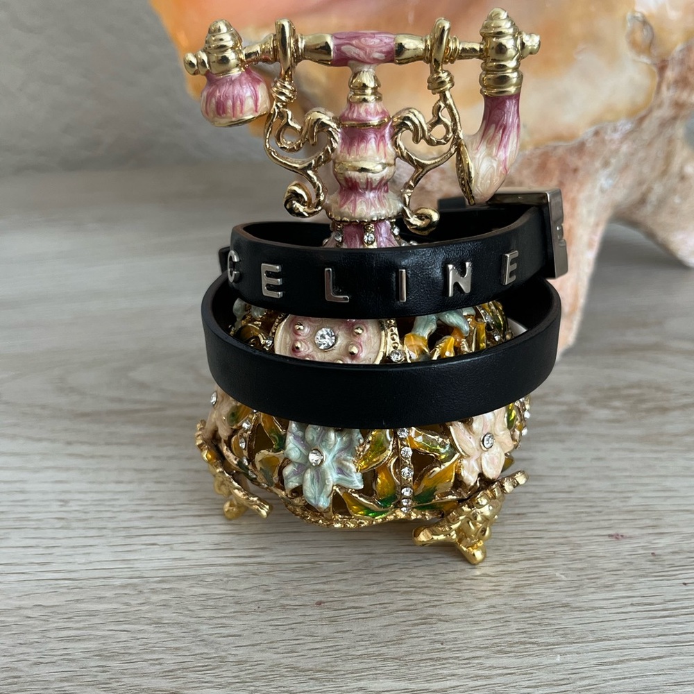 Celine Black Double-Wrap Leather Bracelet with Gold Lettering